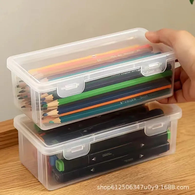 Transparent PP plastic pencil storage box with large capacity for stationery organisation