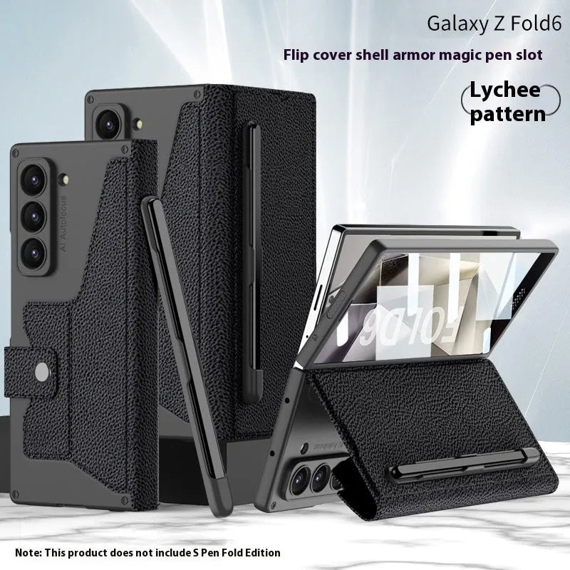 Galaxy Z Fold 6 PC phone case in black carbon fibre pattern showing back cover with hinge cutout