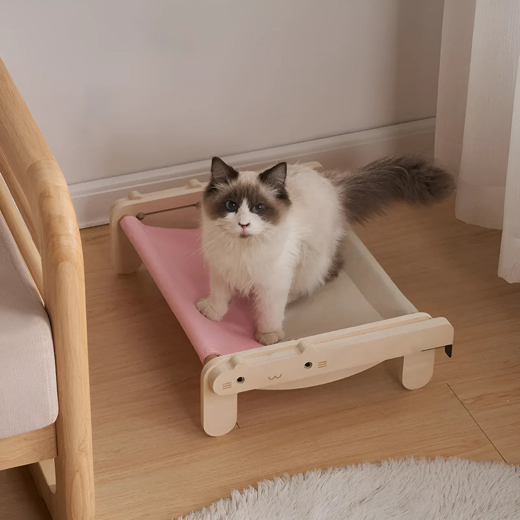 Solid wood pet bed with removable cushion in grey blue colour option