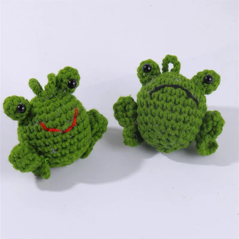 Handmade woven frog car pendant in plush material, green orange grass green colours