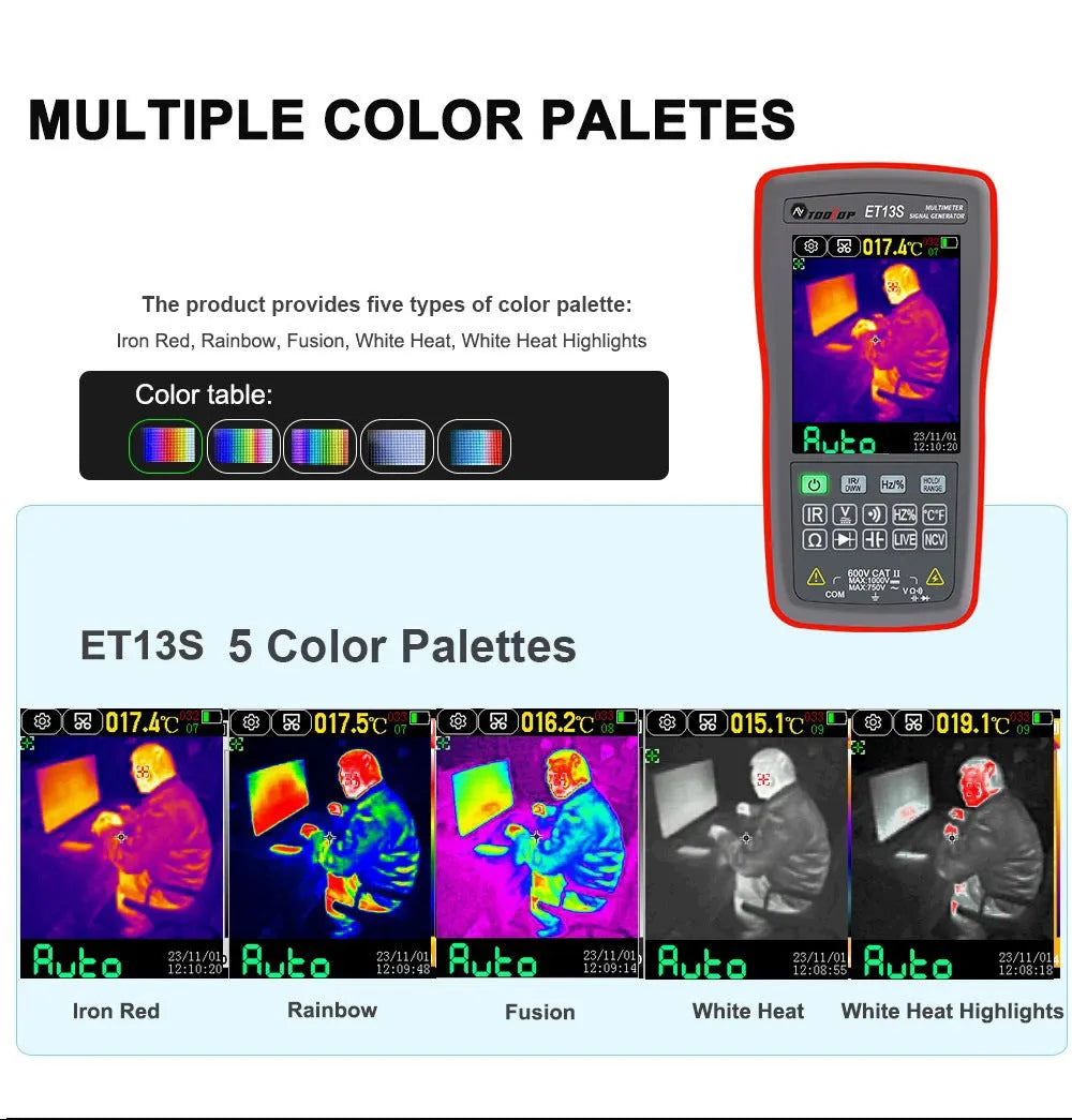 Thermal imaging multimeter with digital display showing temperature measurement and electrical testing functions