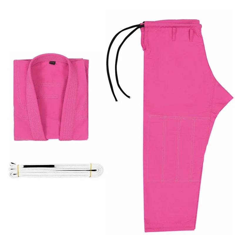 Thin cotton blend Brazilian Jiu-Jitsu uniform in black, showing the top and trousers for adult training.