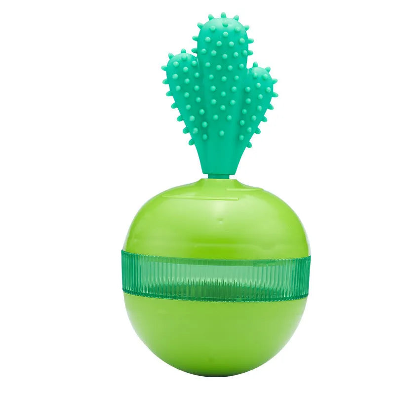 Blue durable rubber tumbler ball dog toy with small treat holes on a plain background.