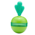 Blue durable rubber tumbler ball dog toy with small treat holes on a plain background.