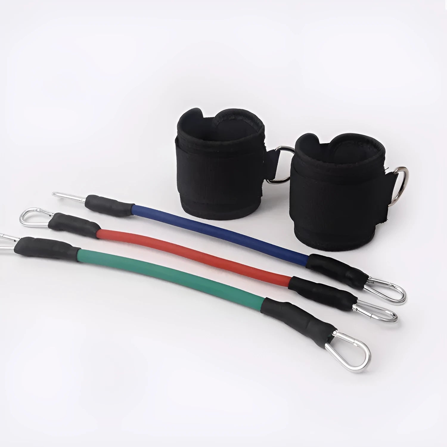 Black elastic taekwondo training pull rope set for leg strength and kicking power.