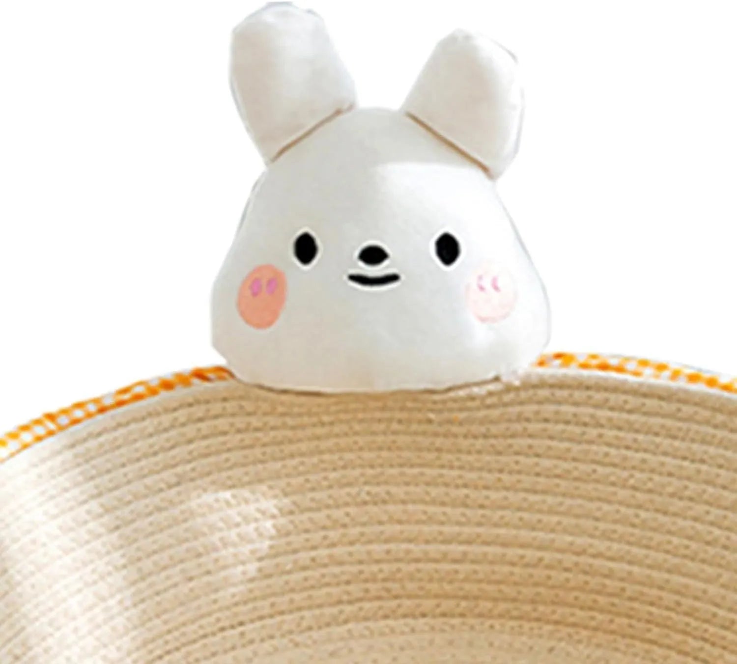 Woven cotton rope cat bed basket with scratching pad, featuring a bear design.