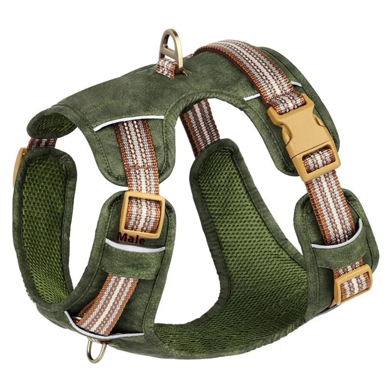 Brown leather dog harness with reflective strips and metal buckle closure