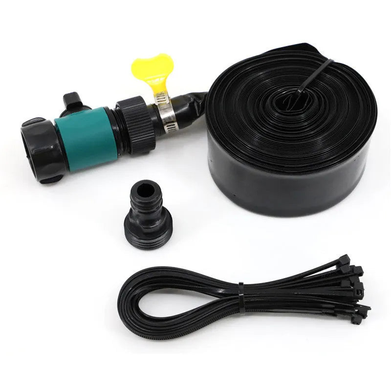 Blue portable garden sprinkler with solar panel and PVC hose on grass.