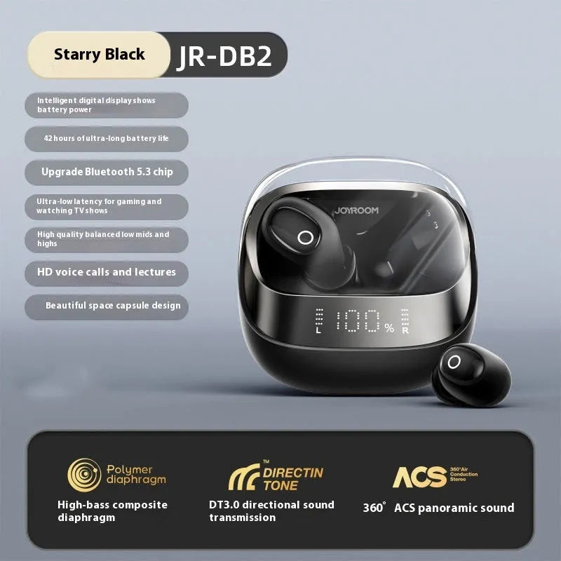 Beige wireless in-ear Bluetooth earbuds with a matching open charging case on a table.