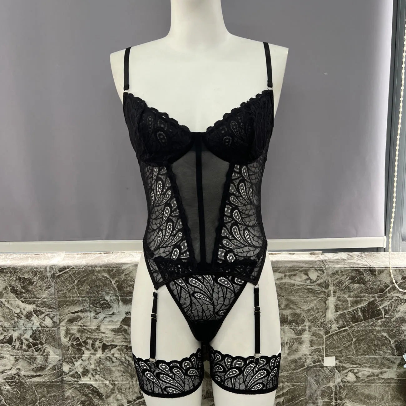 Red lace jumpsuit underwear set for women, shown as a one-piece bodysuit.