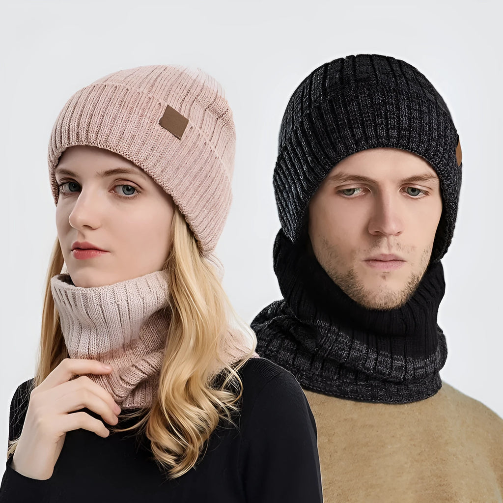 Fleece-lined thickened warm hat with neck warmer in black, dome crown style