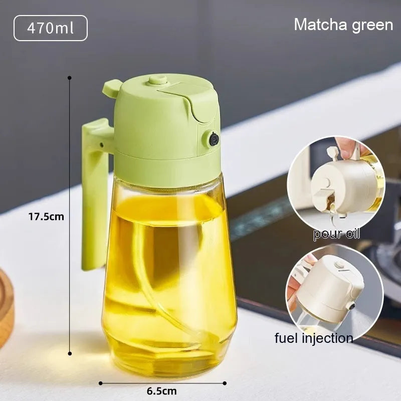 470ml glass oil sprayer and pour bottle in beige, black, green, and yellow colours with ergonomic handle