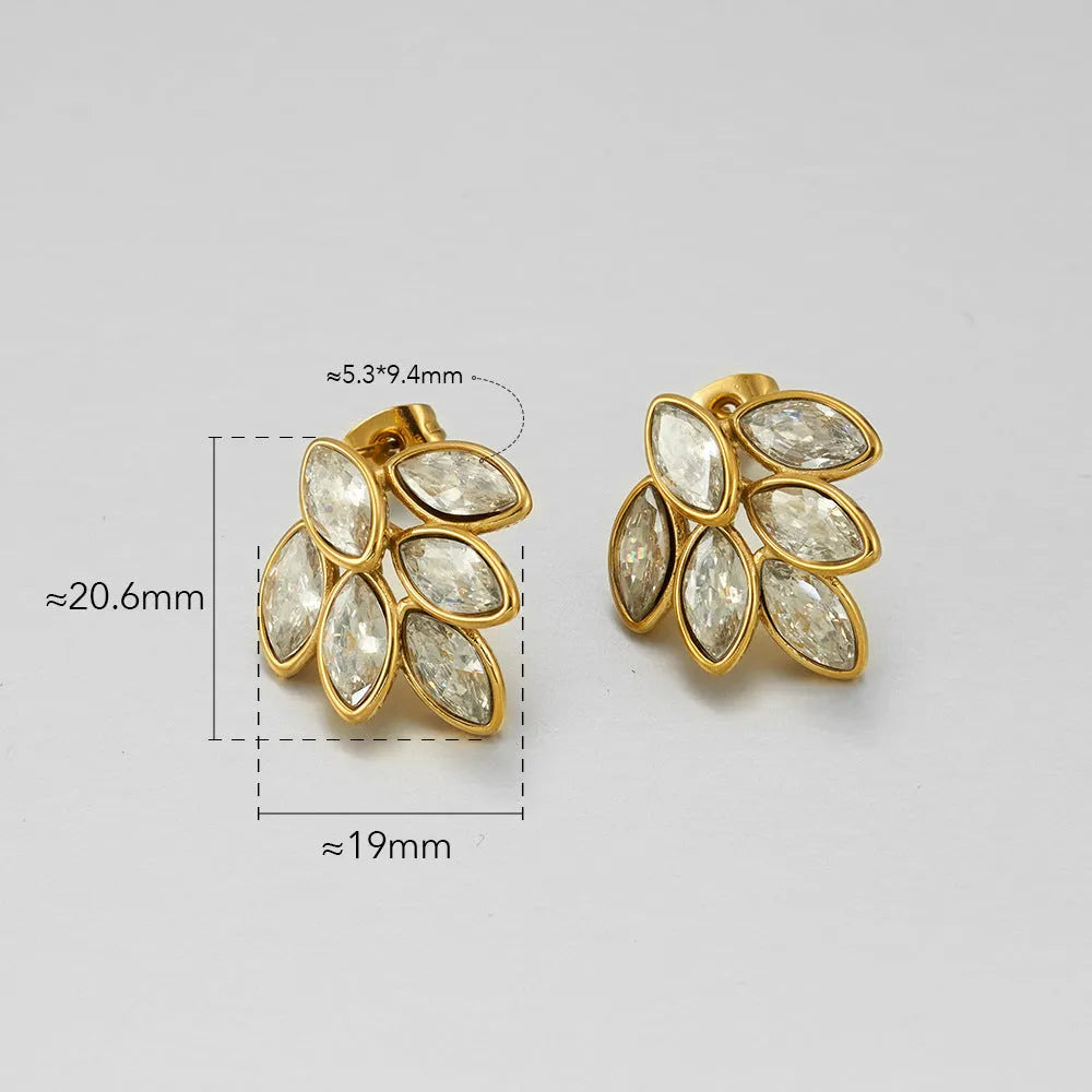 Titanium steel gold clip earrings with six-leaf dripping oil diamond design, 20.6mm by 19mm, sweet style party jewellery