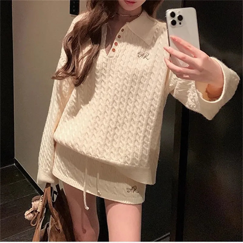 Korean academic twist knit skirt set in beige colour blocking, long sleeves, short skirt, polyester velvet