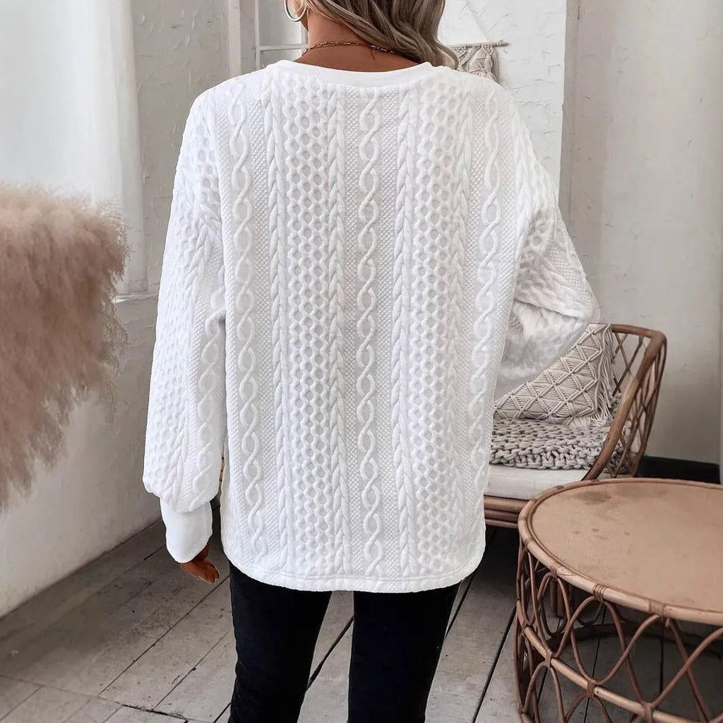 Milky white men's loose fit long sleeve t-shirt with 3D stereo pattern detail.