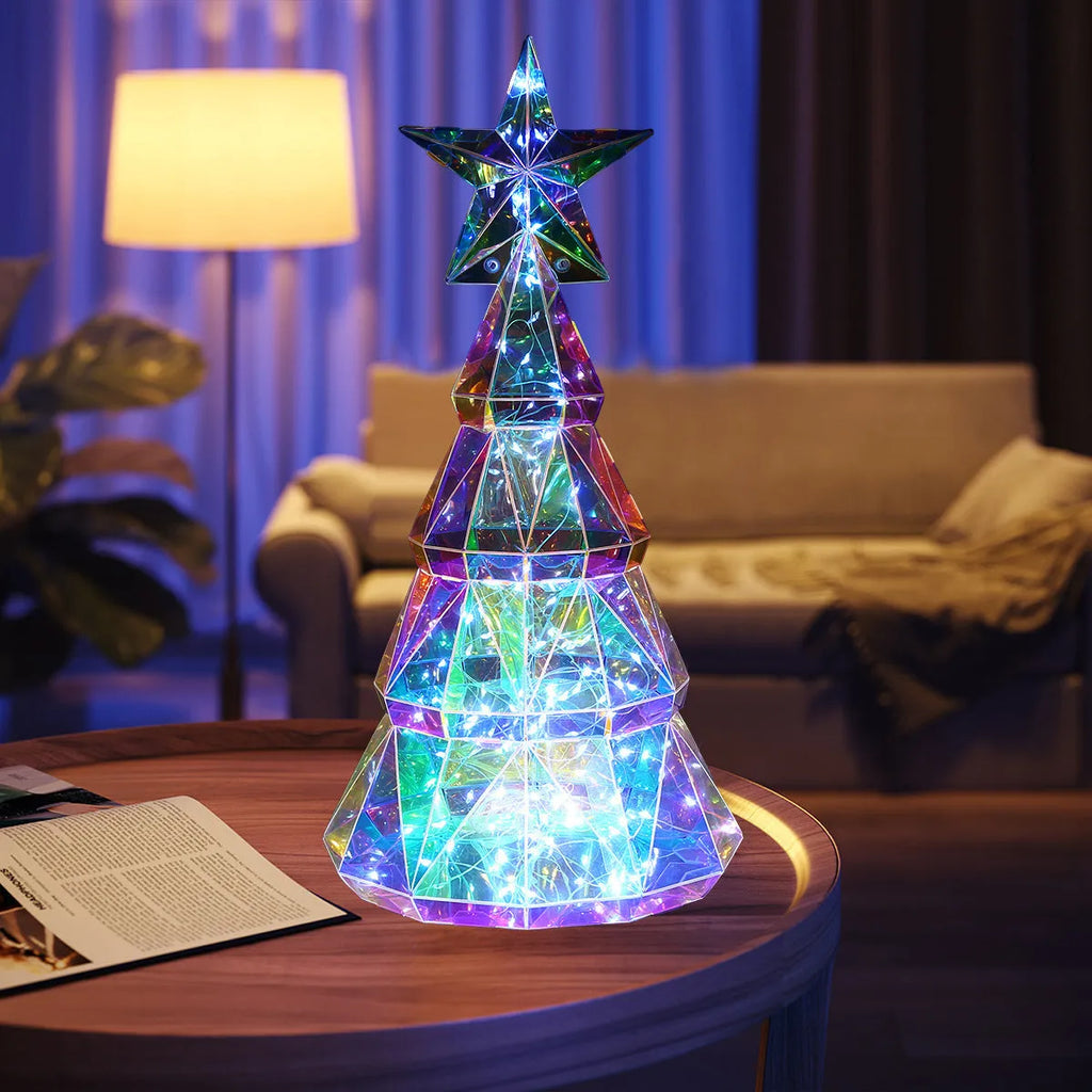 Colourful cartoon Christmas tree light decoration on a white background