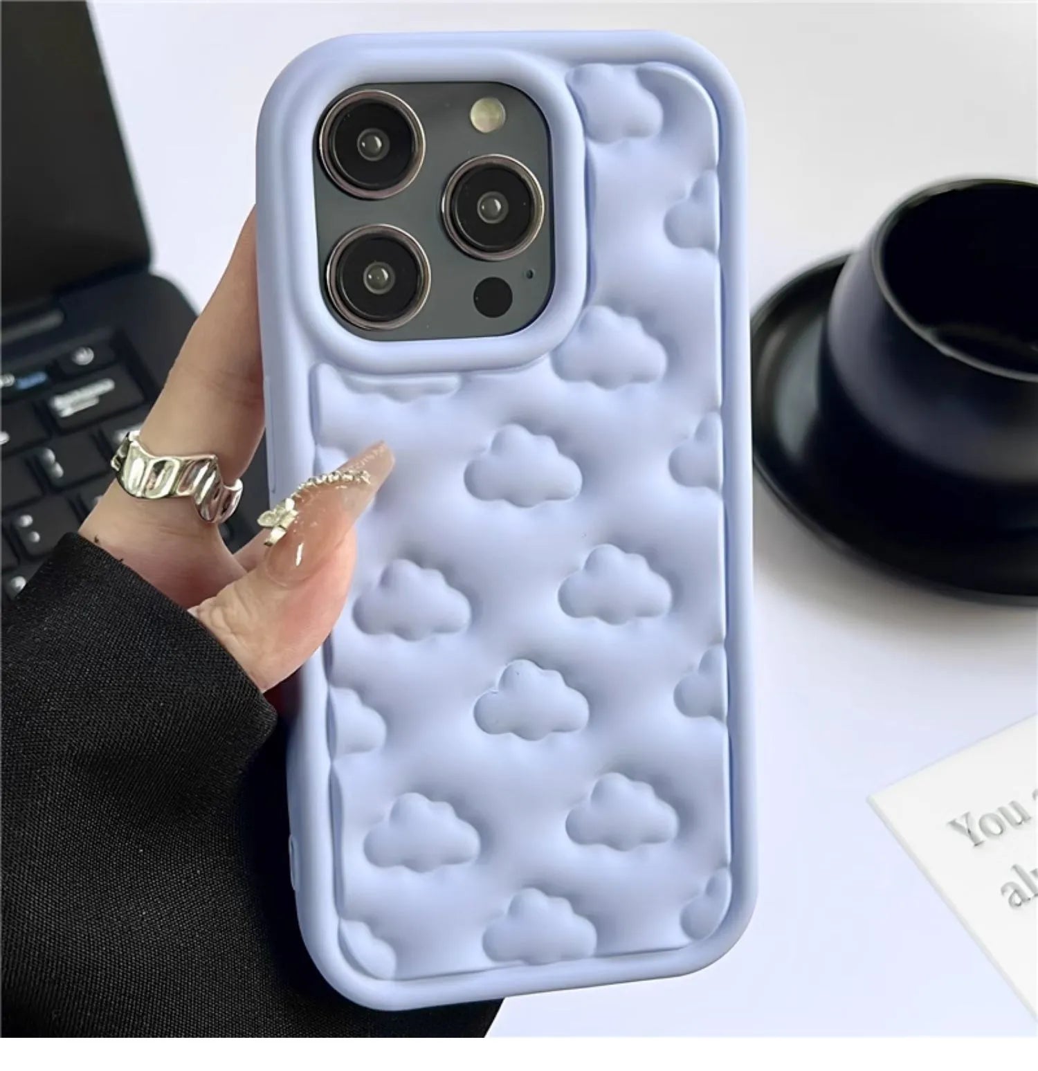 Hand oil three-dimensional embossed TPU phone case with cloud and flower design for iPhone 11 to 15 series