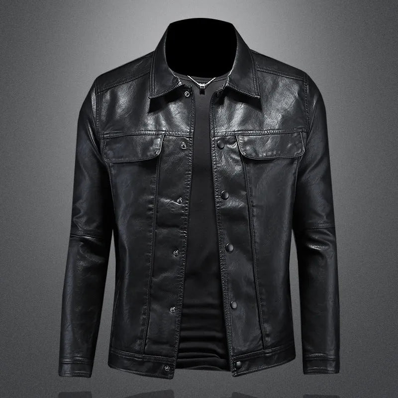 Men's loose fit synthetic leather motorcycle jacket with lapel collar in black