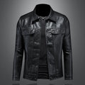 Men's loose fit synthetic leather motorcycle jacket with lapel collar in black