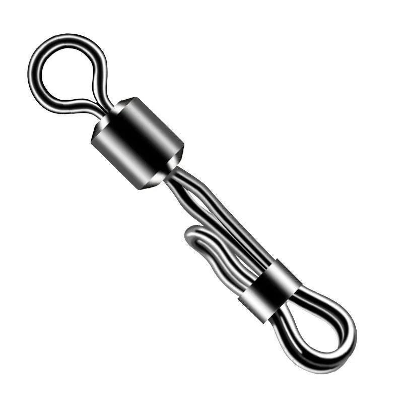 Brass quick change fishing barrel swivel with quick release mechanism on a blue background.