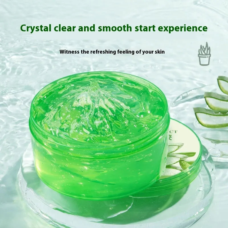 Jar of 98% or 99% aloe vera gel facial moisturiser with a spoon for acne control and post-sun repair.
