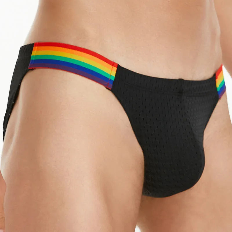 Men's low waist nylon mesh briefs with rainbow waistband in black, white, and dark blue solid colours