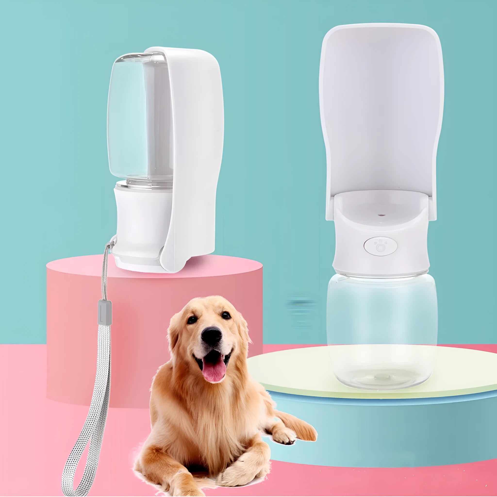 Blue foldable plastic dog water bottle with extended drinking bowl for outdoor use.
