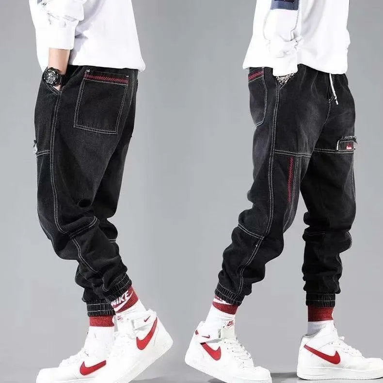 Plus size wide leg harem casual pants for men in black denim with tie closure mid-waist