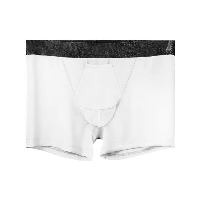 Men's solid colour ice silk boxer briefs on a mid-waist model, showing the nylon knit fabric.