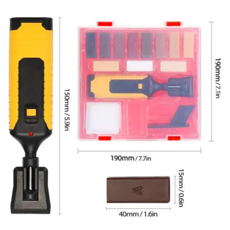 Floor repair tool with red or yellow handle and wax sticks for tile surface restoration