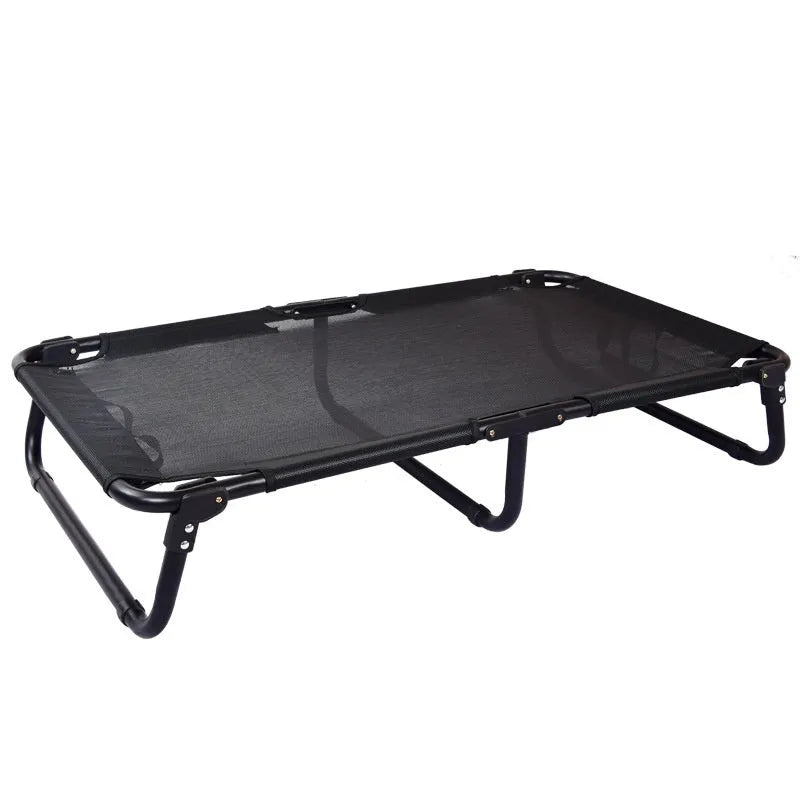Folding steel frame dog camp bed with mesh sides and included mattress in four available sizes