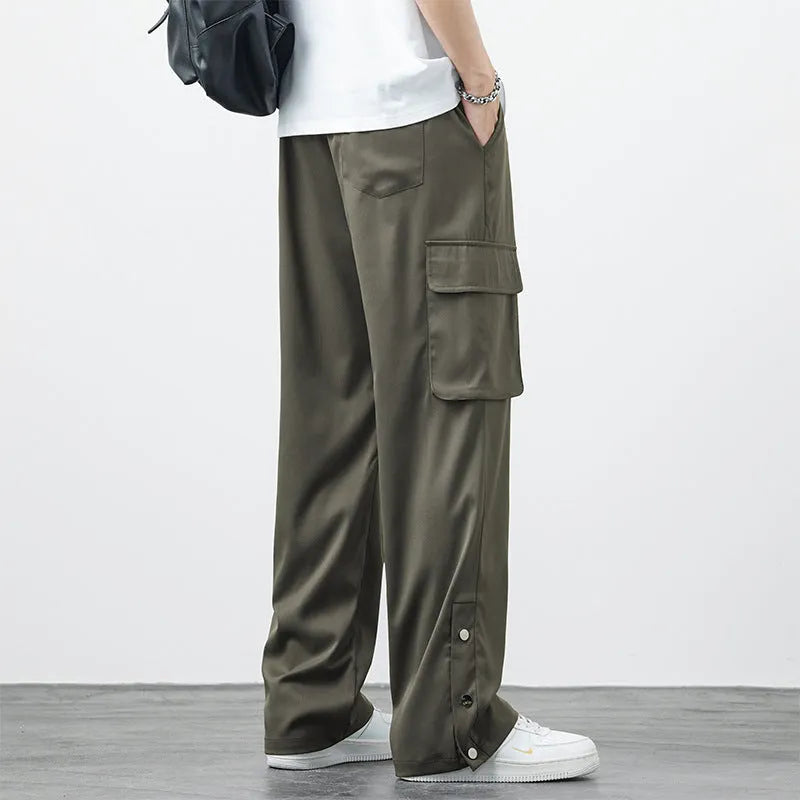 Men's plus size loose straight-leg overalls in army green, nylon fabric, young casual style for summer