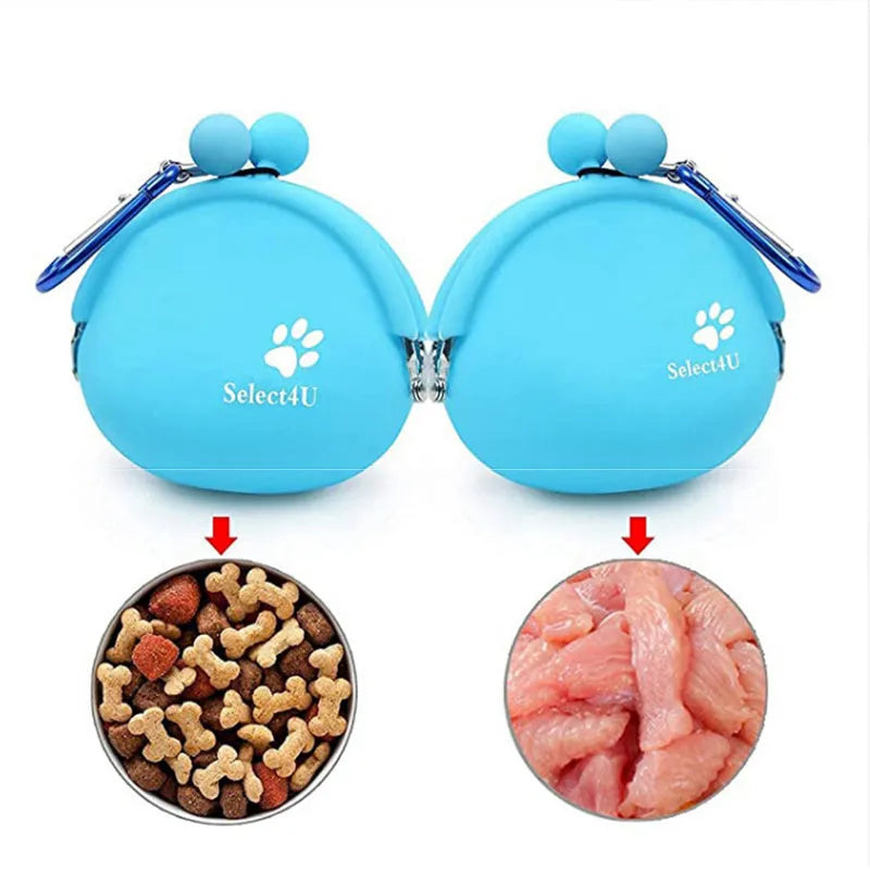 Silicone dog treat waist pouch in blue with hook-and-loop closure