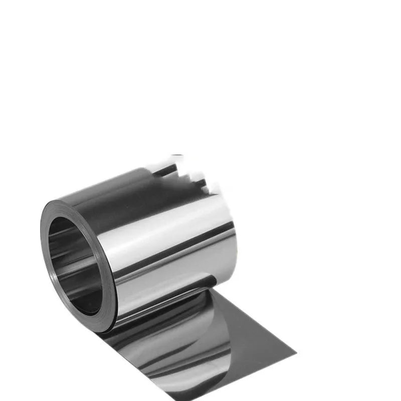 Close-up of a rolled 304 stainless steel metal strip with a leather item, showing its metallic finish and dimensions.