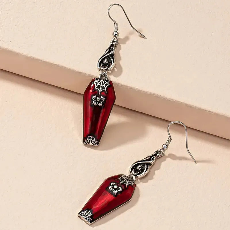 Red alloy Halloween earrings with bat and spider geometric drop design