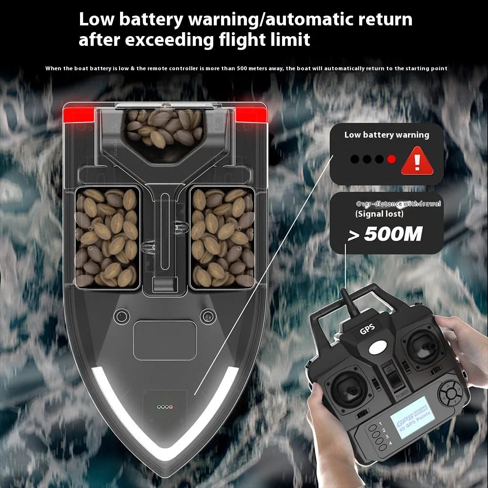 V020 black and luminous yellow remote control GPS fishing boat with handbag and transmitter on grass