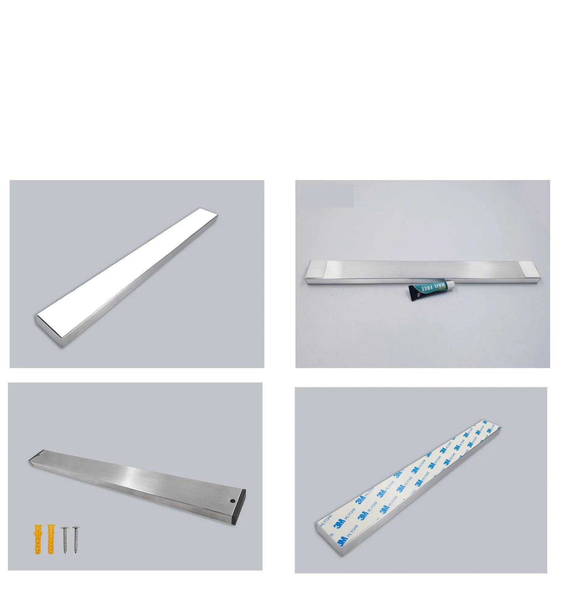 Stainless steel wall-mounted magnetic knife storage rack on a kitchen wall.
