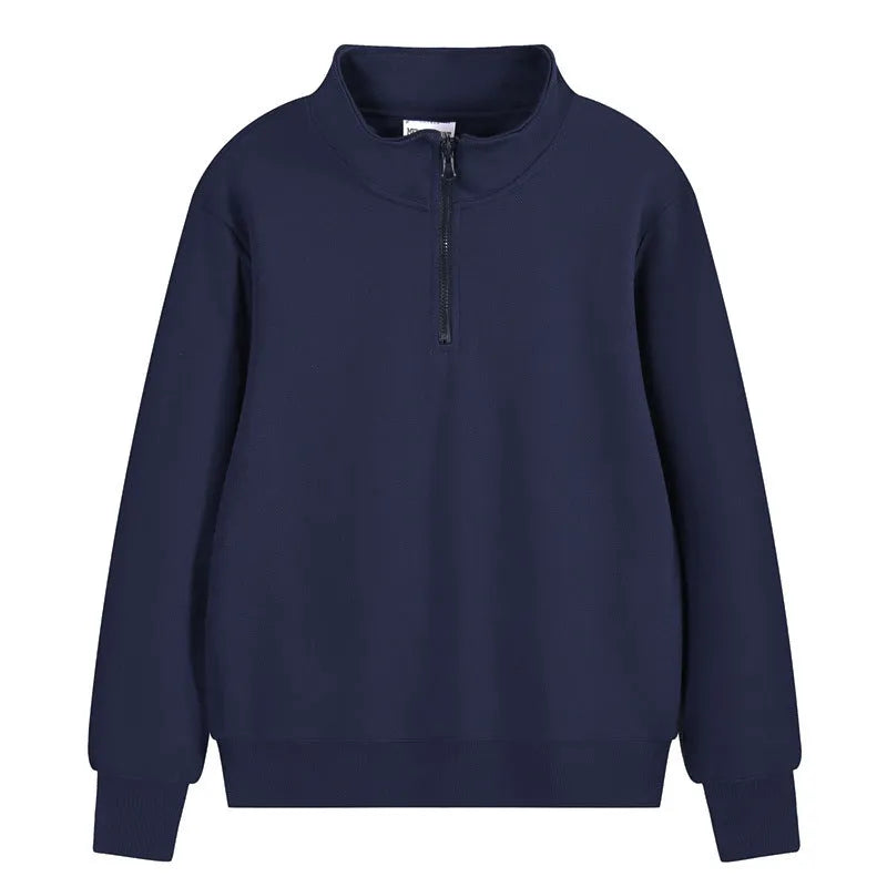 Heavyweight cotton zip-front sports sweater with stand collar in straight-cut pullover style