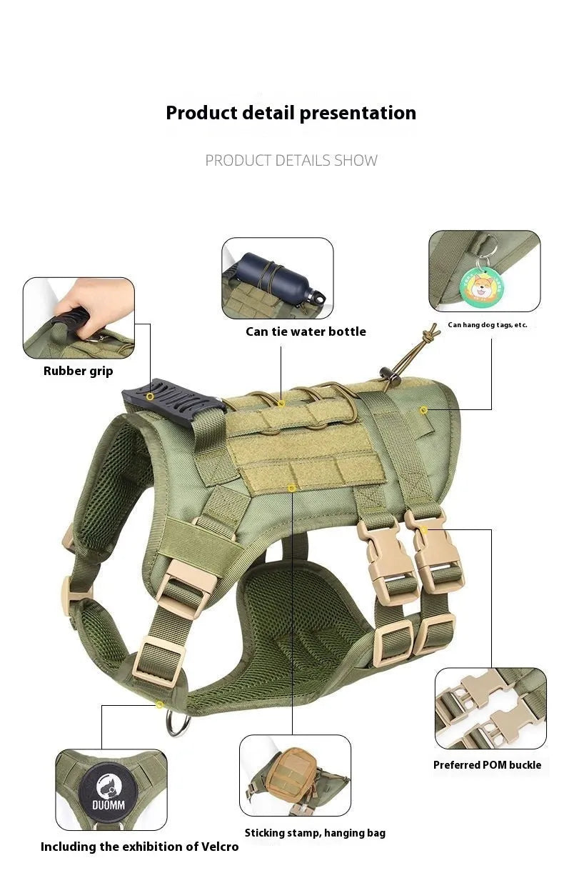 Black tactical dog harness made of Oxford cloth with chest ring and back D-ring on a plain background