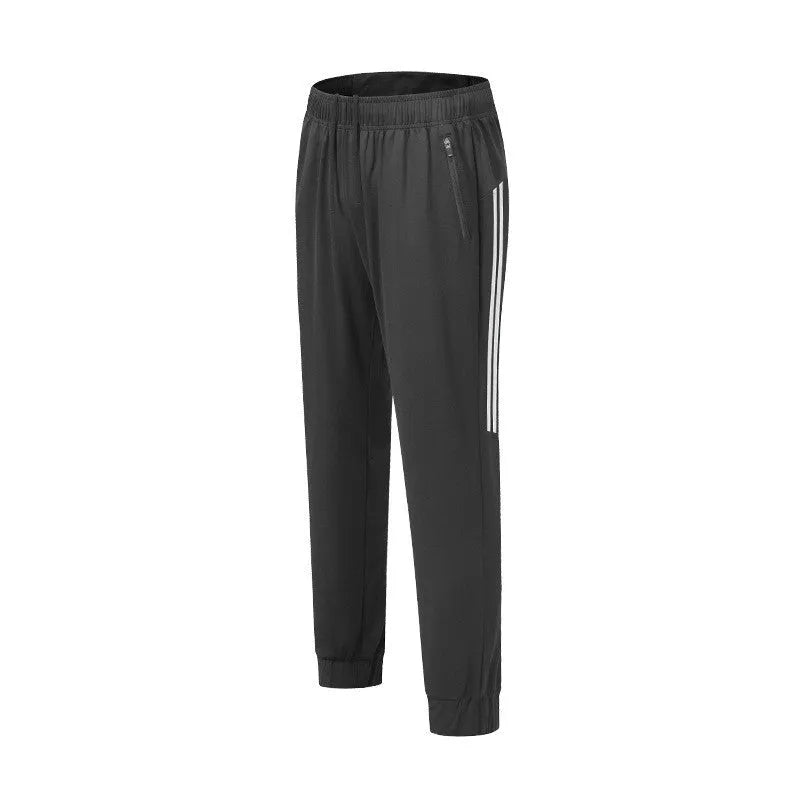 Men's black running trousers with a mid-waist fit, made from breathable polyester.