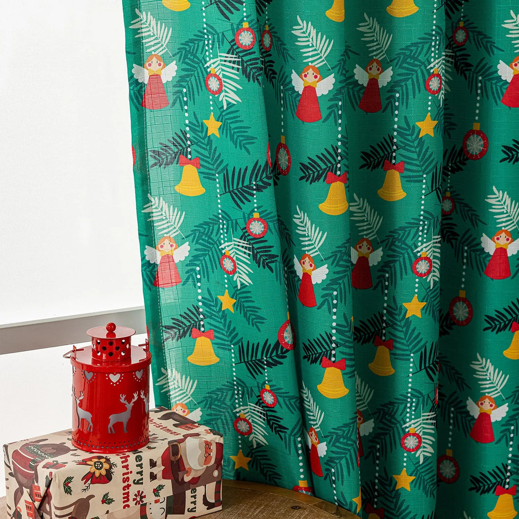 Christmas curtain with cartoon snowman and angel print in red or green, 1 metre length