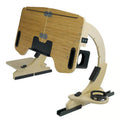 White maple wooden folding bed table with laptop at an angle, showing hinge and storage size.