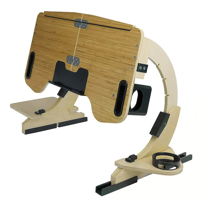 White maple wooden folding bed table with laptop at an angle, showing hinge and storage size.