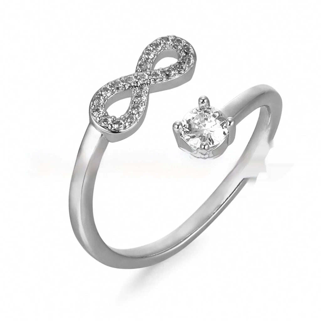 Geometric open ring with a zircon-studded letter 'A' in a rose gold metal finish.