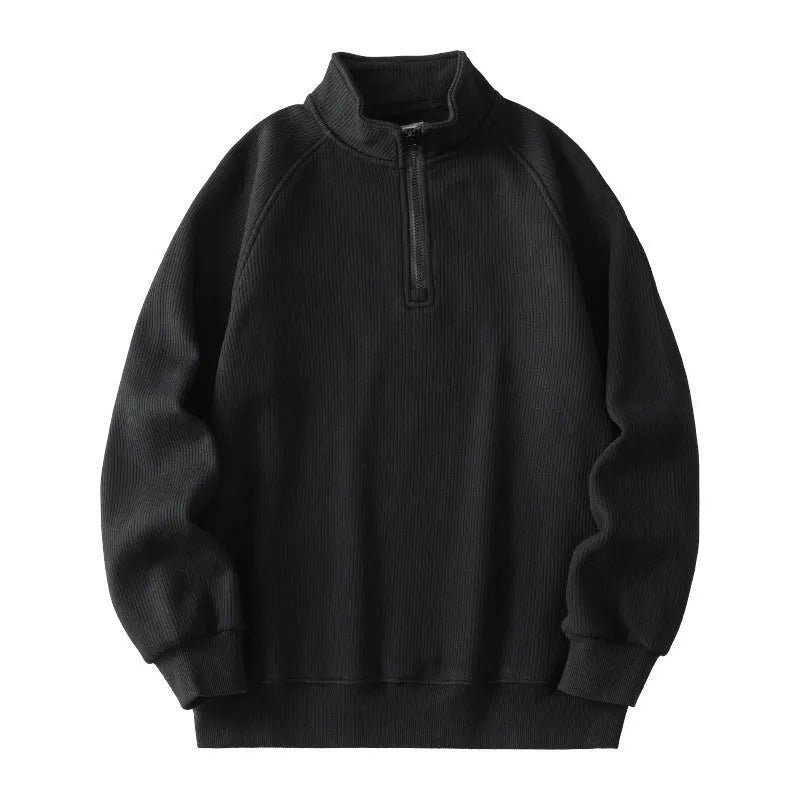 Men's stand-collar fleece sweatshirt in army green with long sleeves, front view