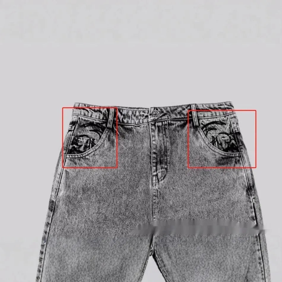 Grey loose straight-leg denim trousers for men and women with mid-waist fit