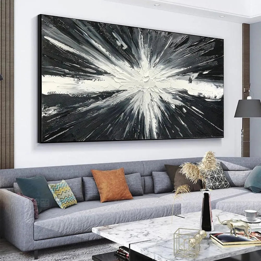 Modern horizontal hand-painted abstract oil painting on canvas in black and white texture for living room decor