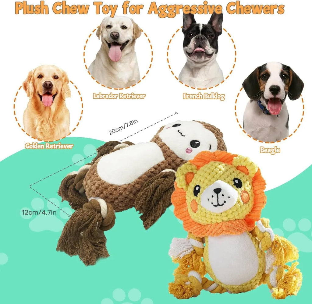 Lion and monkey plush squeaky dog toys bundle for medium large dogs