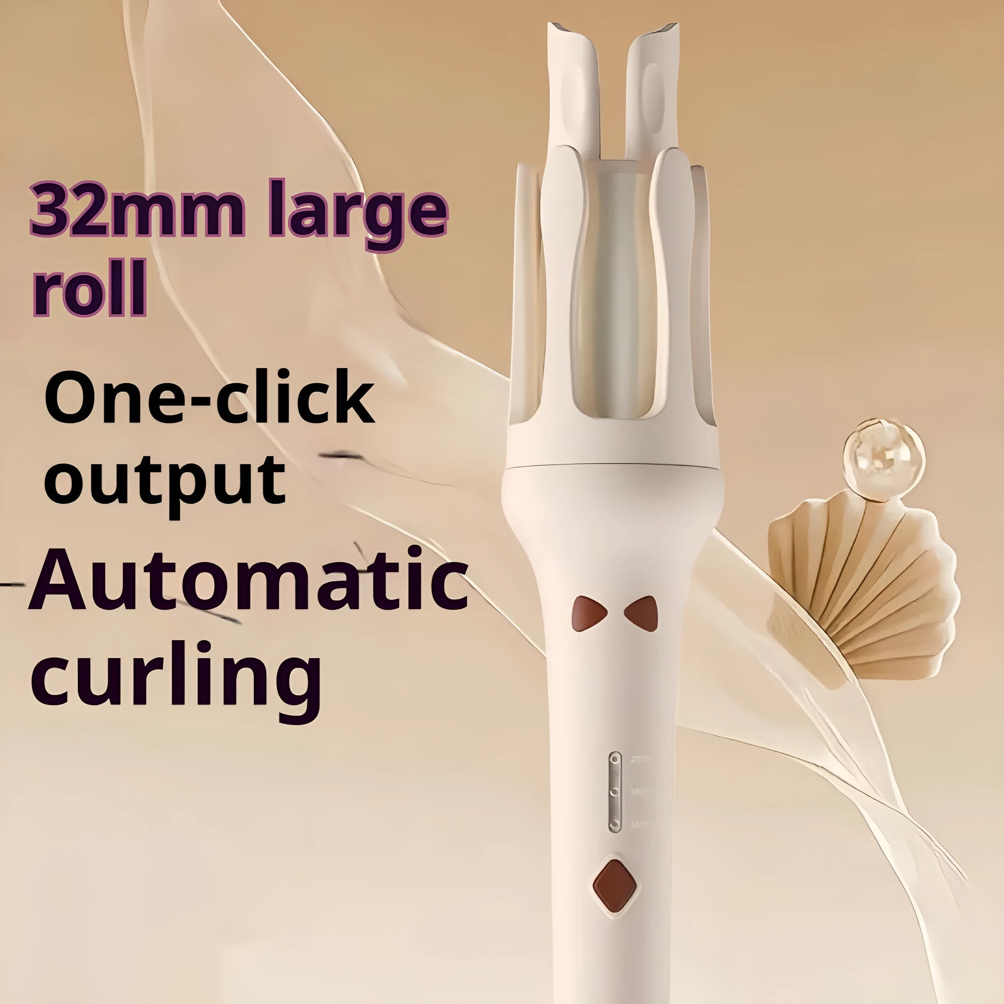 White and pink automatic hair curler with a rotating 32mm ceramic barrel and international plug adapters.