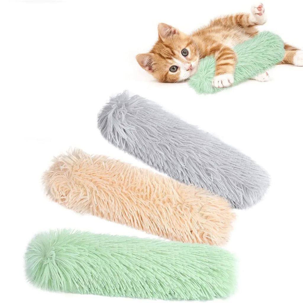 Plush cat toy pillow in green, white, blue, and pink colours measuring 27 by 10 centimetres
